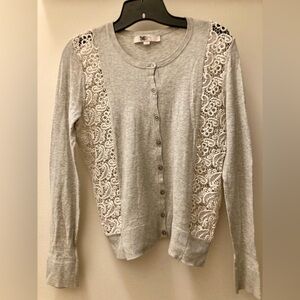 LOFT Light Gray Cardigan with White Lace Panels